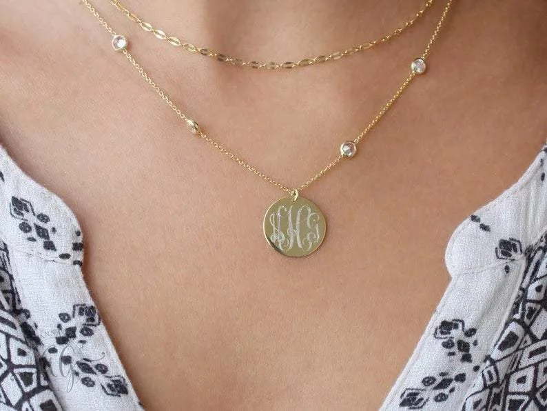 Simple Birthstone Necklace-Monogram Layer Necklace with CZ Chain in Silver or Gold