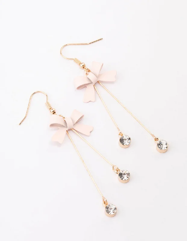 Diamond Drop Earrings-Blush Diamante Bow Double Bar Drop Earrings