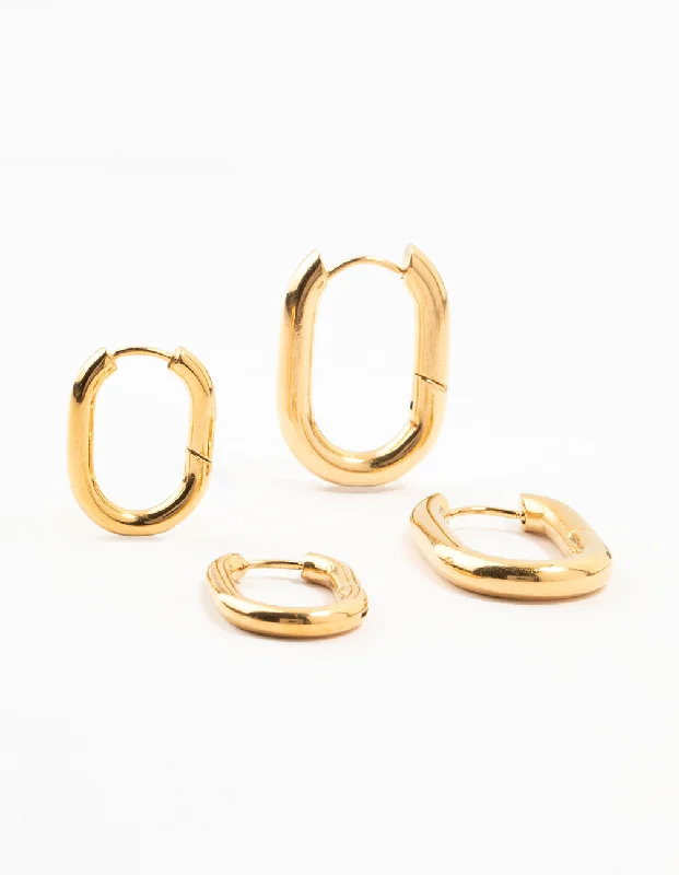 Fun Hoop Earrings-Waterproof Gold Plated Stainless Steel Square Oval Hoop Earrings 2-Pack