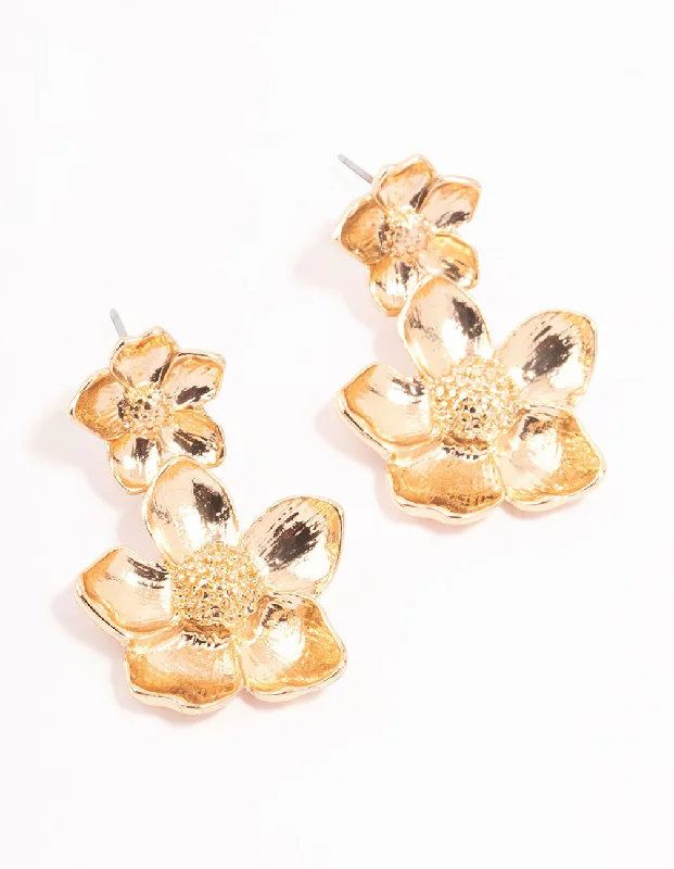 Classic Stud Earrings-Gold Double Flower Drop Earrings