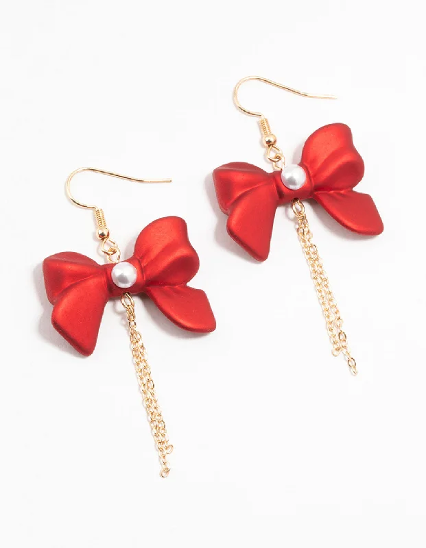 Elegant Diamond Earrings-Gold Pearlised Red Bow Chain Drop Earrings