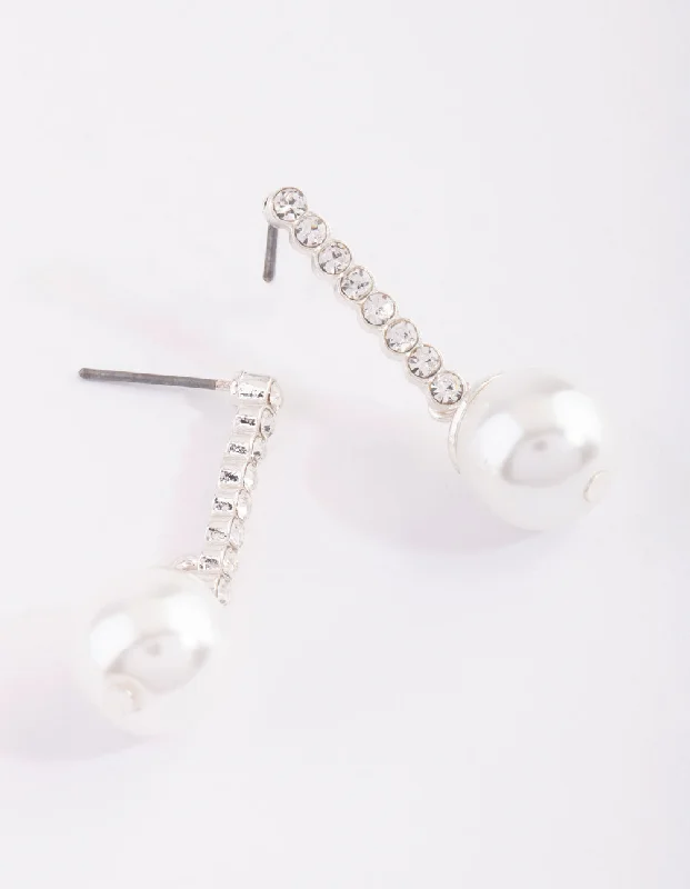 Wedding Earrings-Silver Diamante & Pearl Drop Earrings