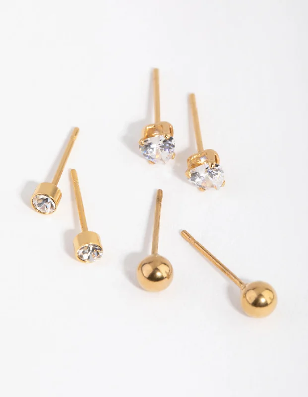 Small Drop Earrings-24 Carat Gold Plated Surgical Steel Love Stud Earrings 3-Pack