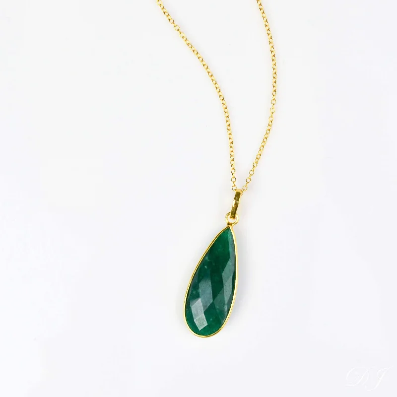 Modern Diamond Necklace-Emerald Elongated Teardrop Pendant Necklace