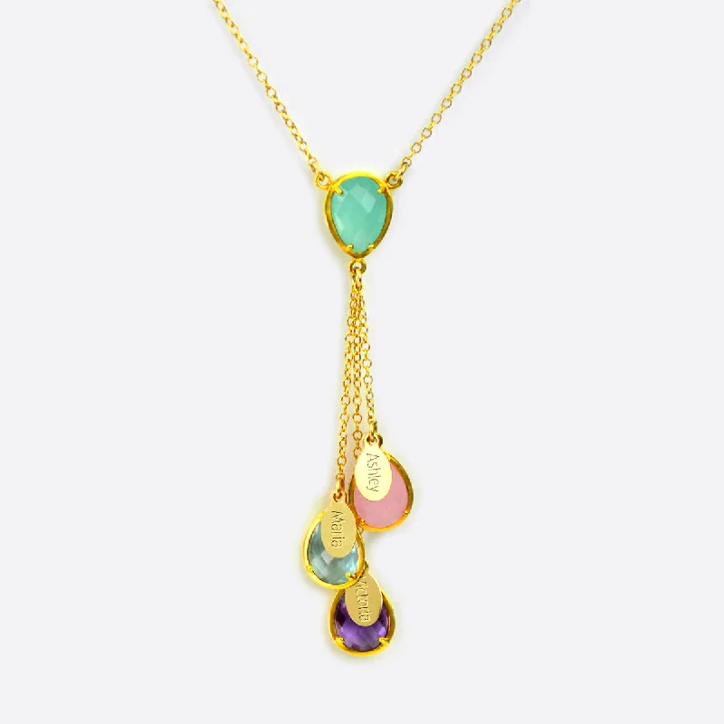 Gold Choker Necklace for Women-Mother's Lariat Style Birthstone Necklace with Her Children's Stones and Name Charms