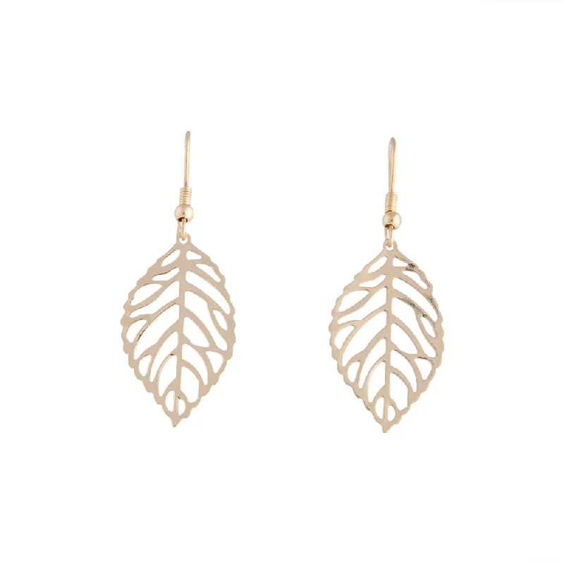 Shiny Hoop Earrings-Gold Filigree Leaf Drop Earrings