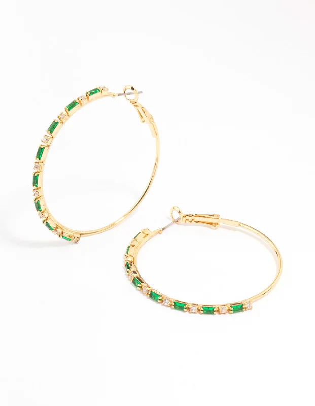 Oval Drop Earrings-Gold Plated Emerald Round & Baguette Large Hoop Earrings