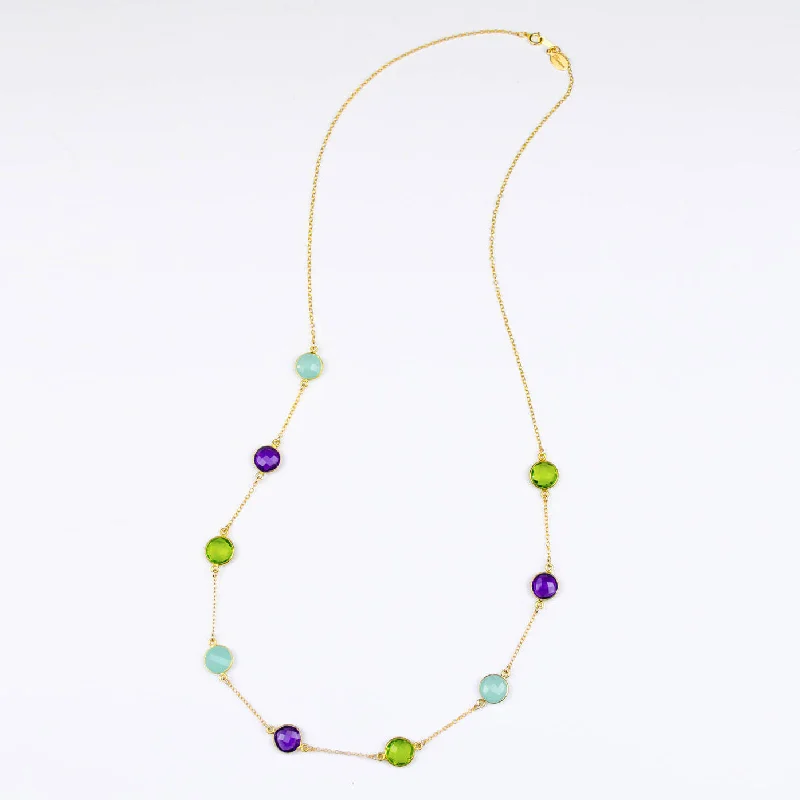 Gold Circle Necklace-Long Purple Amethyst, Aqua Chalcedony and Peridot bezel station necklace